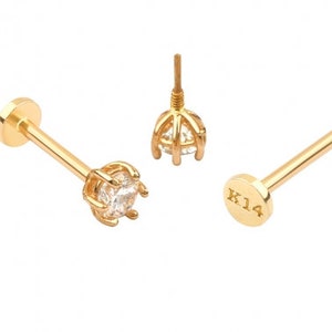 14k Real Gold 18g Cz  6Prong Forward Tragus Cartilage Inner Conch Helix Ear Post Stud Internally threaded Earring Labret Piercing Women Men