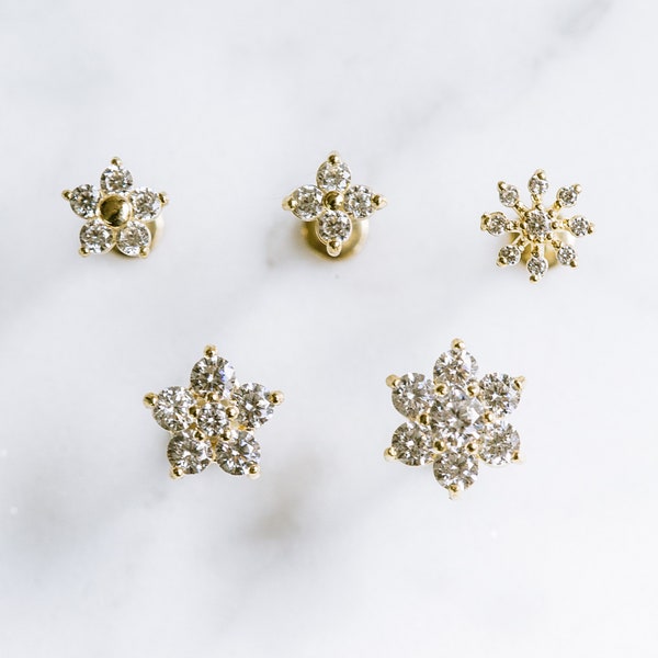 14K Solid Gold Cartilage Forward Helix Tragus Inner Conch Minimalist Flower Bar Internally Threaded Stud Post Flat Back Earring Labret