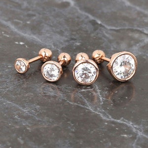 14k Gold Cz Cartilage Tragus Forward Helix inner conch tongue nose bezel internally Internal threaded ear stud round earring labret piercing