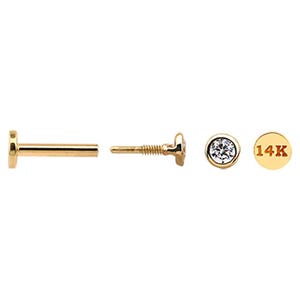 14k gold cartilage tragus forward helix conch tongue nose philtrum cz flat bezel internally threaded ear stud flat earring labret piercing