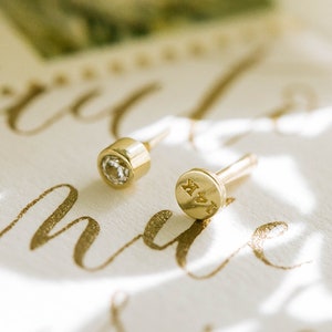 14k Gold Cz Cartilage Tragus Forward Helix inner conch tongue nose bezel internally Internal threaded ear stud round earring labret piercing