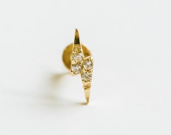 14K Solid Gold Cartilage Tragus Helix Inner Conch Lightning Bolt Moon Flat Back Internally Threaded Labret Piercing Earring Stud 20g 18g 16g