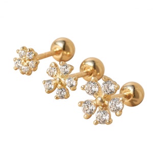14K Real Yellow Gold Cz Leaf Flower Anti Tragus Cartilage Forward Helix Inner Conch Lobe Earring Barbell Piercing Jewelry