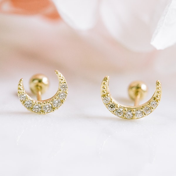 14K Real Solid Gold Jewelry 20g Cartilage Daith Tragus Cz Sideways Half Full Blue Crescent Sailor Luna Moon Star Ear Studs Piercing Earring