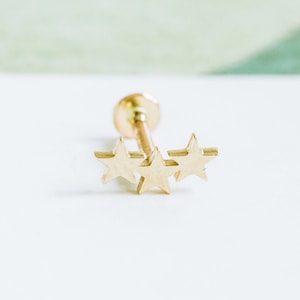 14k Real Gold 18g Triple Star Tragus Cartilage Inner Conch Forward Helix Ear Post Stud Internally threaded Flat Back Earring Labret Piercing