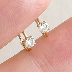 14k Real Solid Gold Minimalist 3mm Cz 4 Prongs Square Frame Cartilage Forward Helix Tragus Lobe Huggie Ring Hoop Earring Piercing