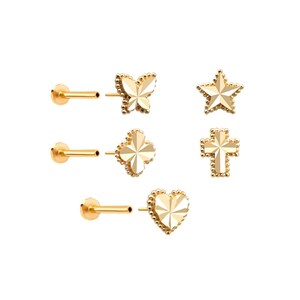 14k gold cartilage tragus helix inner conch diamond cutting internally threaded ear stud post flat back earring labret piercing jewelry
