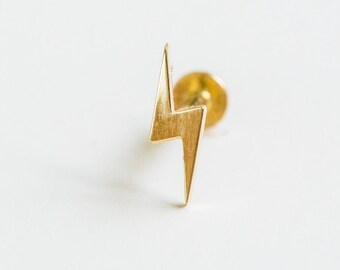 14K Solid Gold Cartilage Tragus Helix Inner Conch Lightning Bolt Moon Flat Back Internally Threaded Labret Piercing Earring Stud 20g 18g 16g