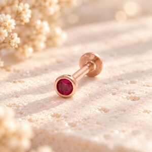 20g 18g 16g 14k Gold Natural Genuine Ruby Cartilage Tragus Helix Conch Tongue Nose Bezel Internally Threaded Earring Labret Piercing