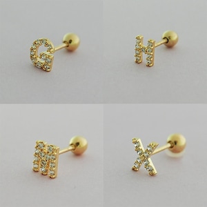 14K Solid Real Gold Cz Initial Alphabet Tragus Helix Cartilage Inner Conch Ear Post Stud Earring Barbell Piercing For Women Men Jewelry