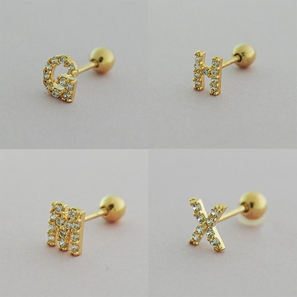14K Solid Real Gold Cz Initial Alphabet Tragus Helix Cartilage Inner Conch Ear Post Stud Earring Barbell Piercing For Women Men Jewelry