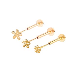 14K Solid Gold Cartilage Tragus Helix Inner Conch Nose Flower Post Flat Back Internally Threaded Labret Piercing Earring Stud Jewelry