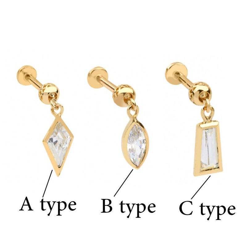 14K Solid Gold Cartilage Forward Helix Tragus Unique Drop Cz Dangle ...