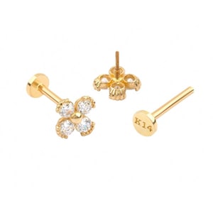 14K Solid Gold Cartilage Tragus Helix Inner Conch Cz Clover Four Leaf Flat Back Internally Threaded Labret Piercing Earring Stud 20g 18g 16g