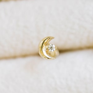 14K Solid Gold Cartilage Tragus Helix Inner Conch Cz Crescent Half Moon Flat Back Internally Threaded Labret Piercing Earring 20g 18g 16g