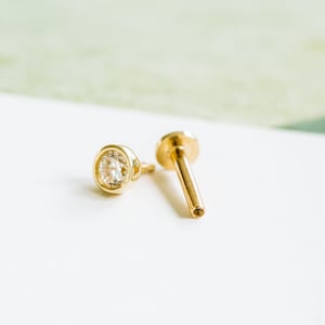 14k gold moissanite cartilage tragus forward helix inner conch tongue nose bezel internally threaded stud earring labret piercing jewelry image 2