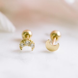14K Real Solid Gold Jewelry 20g Cartilage Daith Tragus Cz Sideways Half Full Blue Crescent Sailor Luna Moon Star Ear Studs Piercing Earring