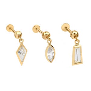 14K Solid Gold Cartilage Forward Helix Tragus Unique Drop Cz Dangle Internally Internal Threaded Stud Flat Back Earring Labret 18G Jewelry