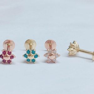 14k gold cartilage tragus forward helix conch tongue nose philtrum Cz Flower internally threaded stud flat earring labret piercing jewelry