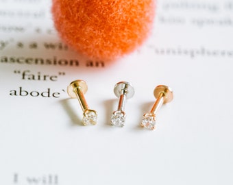 18g 14K Real Gold Tragus Cartilage Inner Conch  Helix Ear Stud Internally threaded Cz Flat Back Earring Labret Piercing For Women Girl Men