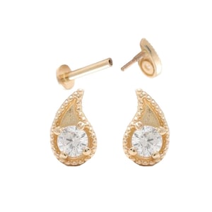 14K Solid Gold Cartilage Tragus Helix Conch Will O' the Wisp Paisley Flat Back Internally Threaded Labret Piercing Earring Stud 20g 18g 16g
