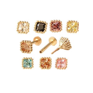 14k gold cartilage tragus forward helix conch tongue nose philtrum Cz Square internally threaded stud flat earring labret piercing jewelry