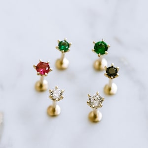 14k Real Gold 18g Birthstone Cz 6 Prong Tragus Cartilage Inner Conch Helix Ear Post Stud Internally threaded Earring Labret Piercing Women