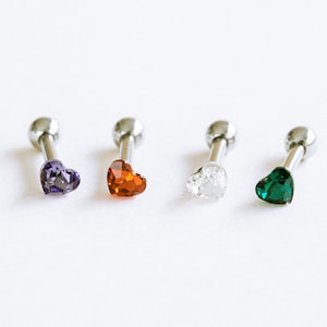 Stainless Steel 16g Cartilage Tragus Helix Crystal Heart Stud Pierced Internally Threaded Barbell Earring Piercing For Women Girls Teens Men