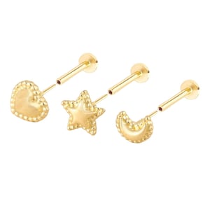 20g 18g 16g 14K Solid Gold Cartilage Tragus Helix Conch Star Moon Heart Post Flat Back Internally Threaded Labret Piercing Earring Jewelry