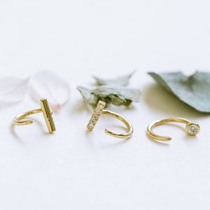 14K Solid Gold Cz Circle Stick Bar Open Drop Tragus Cartilage Forward Helix Curved Wire Piercing Earring Women Minimalist Jewelry