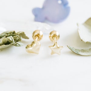 14K Real Solid Gold Forward Helix Cartilage Tragus Inner Conch Bold Cute Heart Star Ear Post Stud Earring Barbell Piercing For Women Jewelry