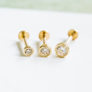 14k gold moissanite cartilage tragus forward helix inner conch tongue nose bezel internally threaded stud earring labret piercing jewelry image 1