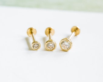 14k gold moissanite cartilage tragus forward helix inner conch tongue nose bezel internally threaded stud earring labret piercing jewelry