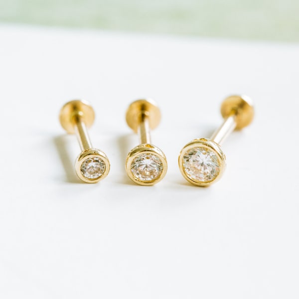 14k Gold Cz Cartilage Tragus Forward Helix inner conch tongue nose bezel internally Internal threaded ear stud round earring labret piercing