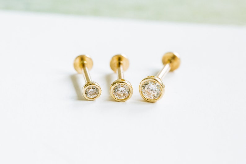 14k gold moissanite cartilage tragus forward helix inner conch tongue nose bezel internally threaded stud earring labret piercing jewelry image 1