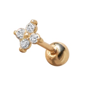 14K Real Yellow Gold Cz Leaf Clover Flower Anti Tragus Cartilage Forward Helix Inner Conch Lobe Earring Barbell Piercing Jewelry