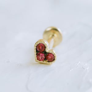 14K Solid Gold Cartilage Tragus Helix Inner Conch Nose CZ Ruby Heart Post Flat Back Internally Threaded Labret Piercing Earring Stud Jewelry