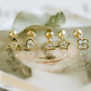 14k Real Gold Cz Heart Triangle Star Clover Tragus Cartilage Inner Conch Forward Helix Ear Stud Earring Barbell Piercing For Women Jewelry