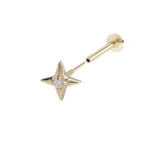 14K Solid Gold Cartilage Tragus Helix Inner Conch Nose Sunlight Star Post Flat Back Internally Threaded Labret Piercing Earring Stud Jewelry