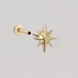 14K Solid Gold Cartilage Tragus Helix Inner Conch Nose Sunlight Star Post Flat Back Internally Threaded Labret Piercing Earring Stud Jewelry