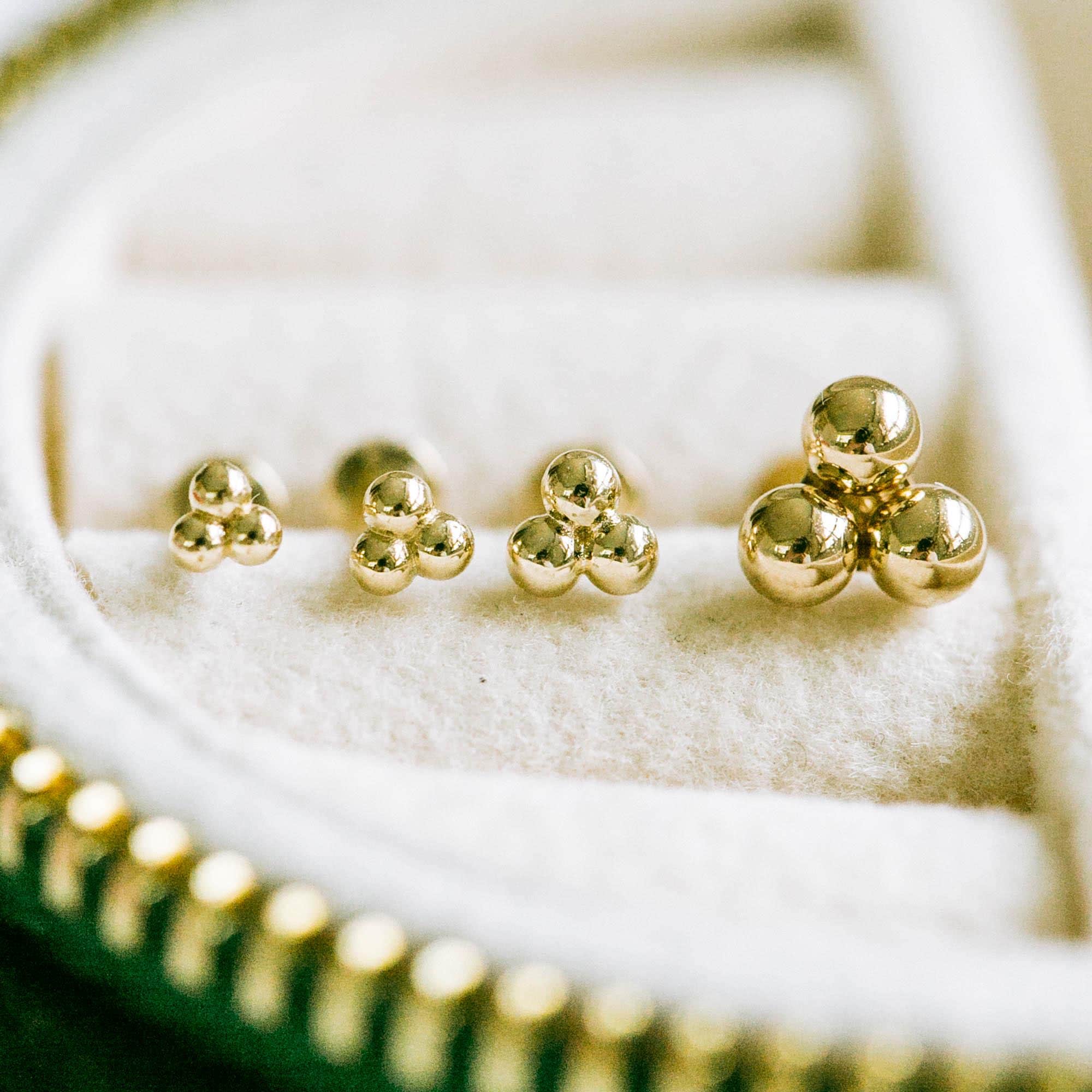 14k gold cartilage tragus forward helix conch tongue nose philtrum Triple Trinity Ball internally threaded stud flat earring labret piercing