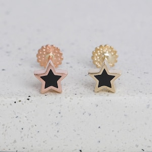 14k Real Gold Black Star Tragus Cartilage Inner Conch Forward Helix Ear Post Stud Externally threaded Flat Back Earring Labret Piercing