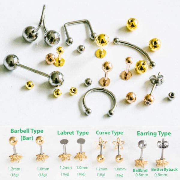 Labret, Piercing Ball, 16g 316L stainless steel labret, Flat back, Piercing,Tragus earring, Cartilage earring, Belly ring, Twist, helix