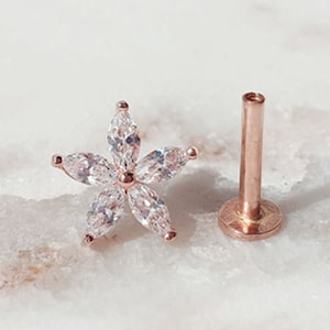 14K Solid Gold Cartilage Helix Tragus Inner Conch Lobe Flower Leaf Internally Threaded Flat Back Earring Piercing Labret Stud Jewelry
