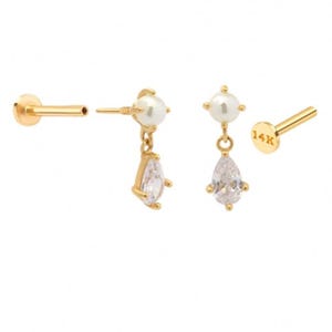 14K Gold Tragus Cartilage Conch Helix  Freshwater Pearl Internally threaded Flat Back Earring Labret Piercing For Women Girl Men 16g 18g 20g