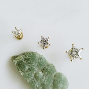 14k Real Gold 18g Cz  Star Forward Tragus Cartilage Inner Conch Helix Ear Post Stud Internally threaded Earring Labret Piercing Women Men