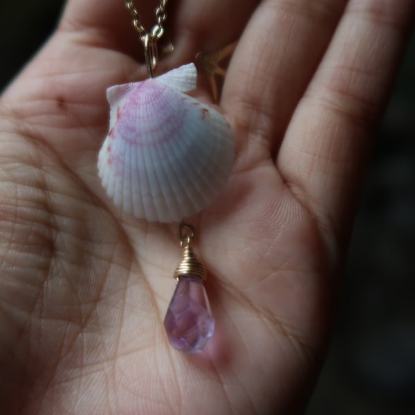 Oceanic shell Gemstone dream necklace| amethyst crystal| purple scalloped shell | gold filled chain | resin ocean scene | made in Hawaii