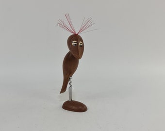 Vintage teak bird corkscrew woodpecker bottle opener
