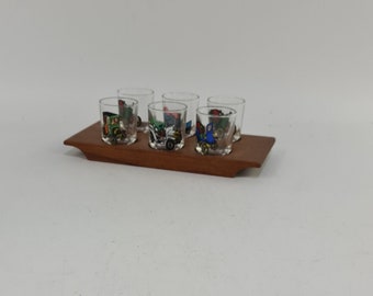 Vintage teak and glass shot glasses