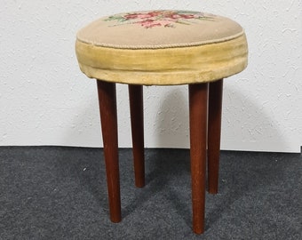 Vintage teak and embroidered stool